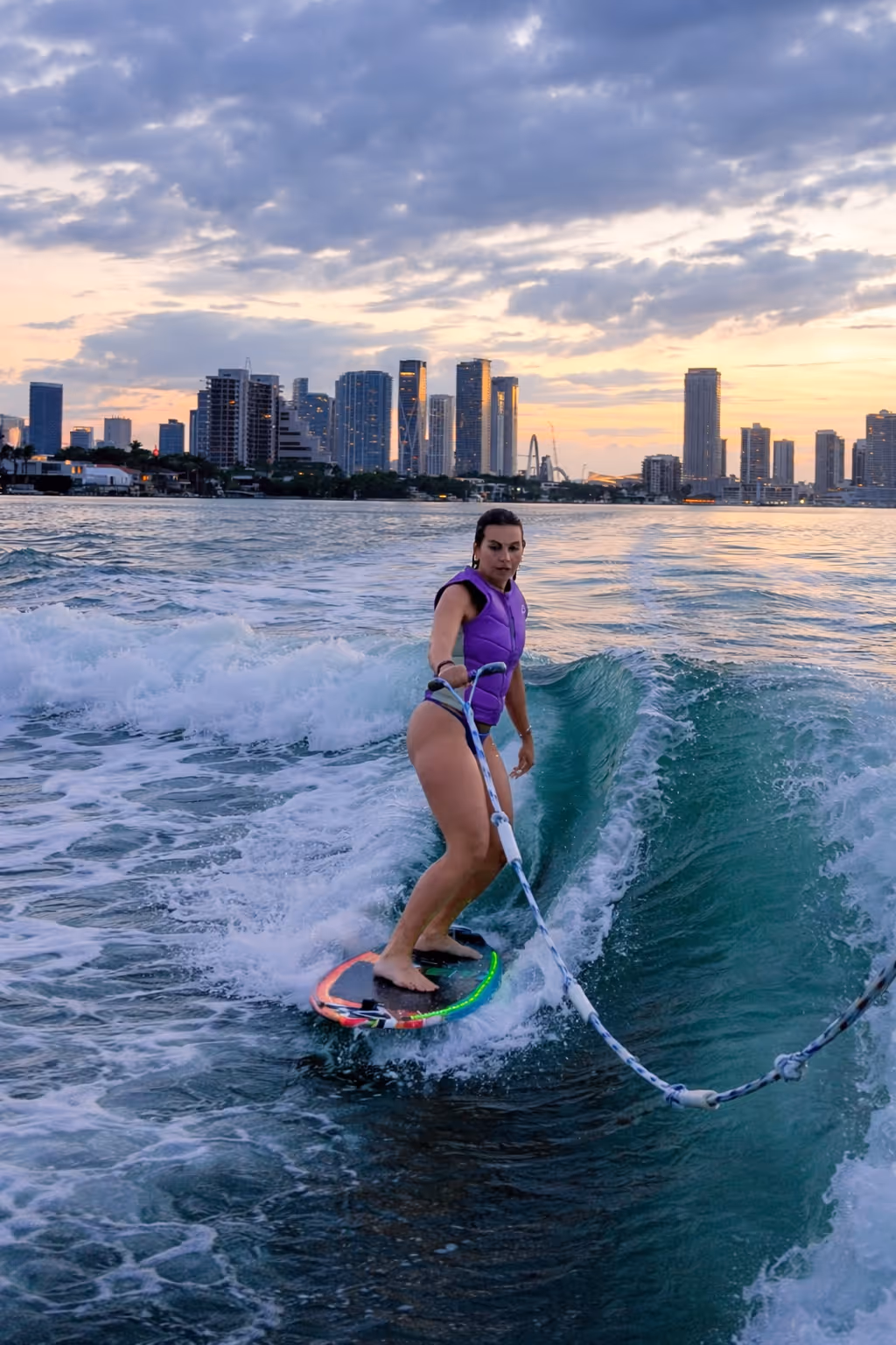 Wakesurfing at sunset