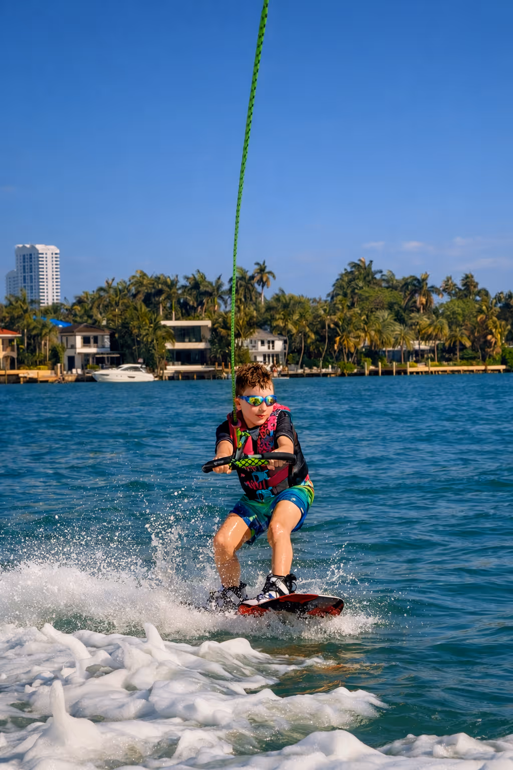 A young kid learning to ride behind the boat in Miami