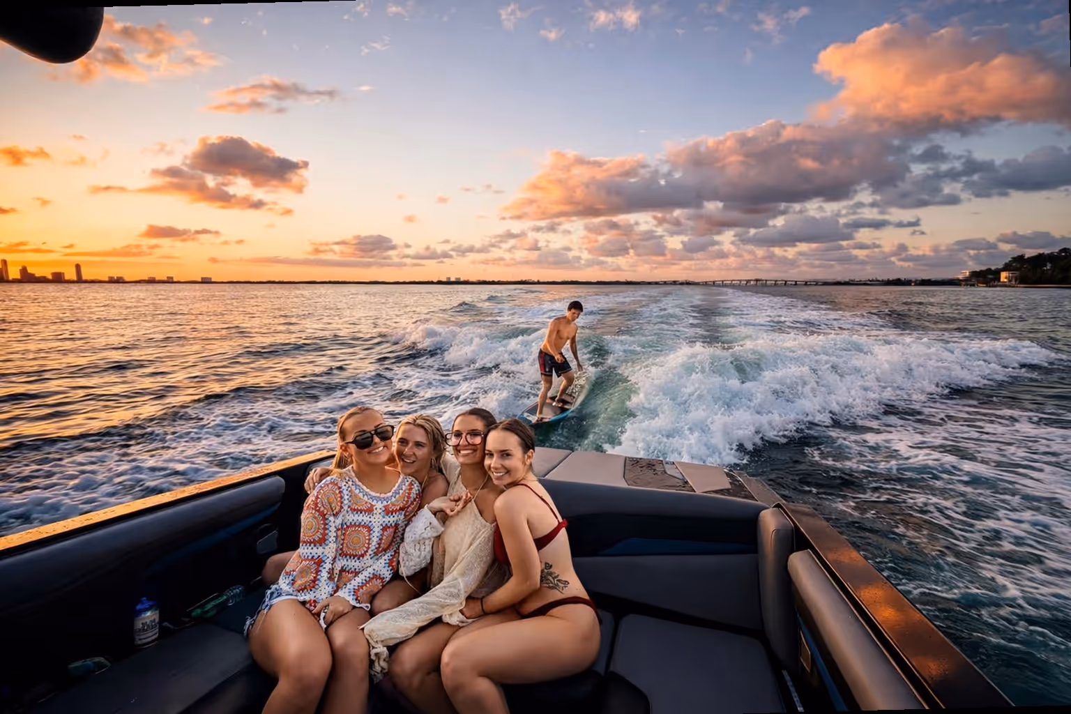 A first-time wakesurfer riding the wake in Miami