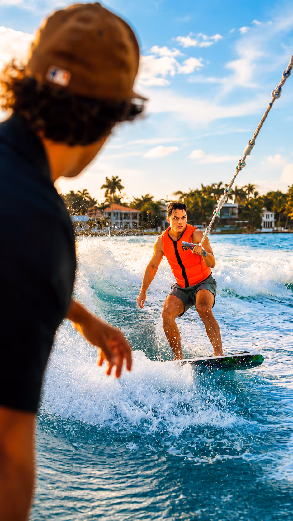Principiante haciendo wakesurf con coaching personal